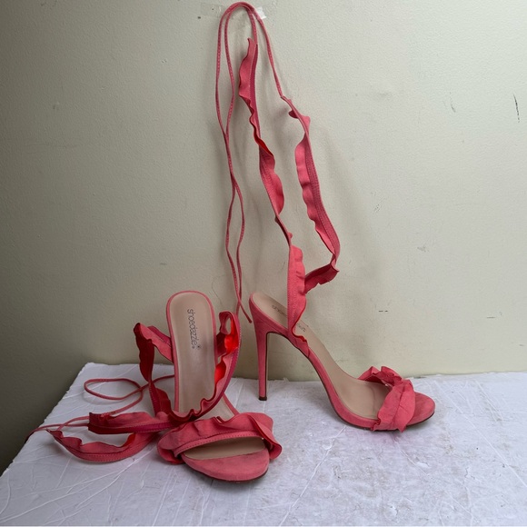 ShoeDazzle Shirah Ruffle Lace Up Heels Coral Pink Sandals Strap Adjustable Shoes - Picture 2 of 16